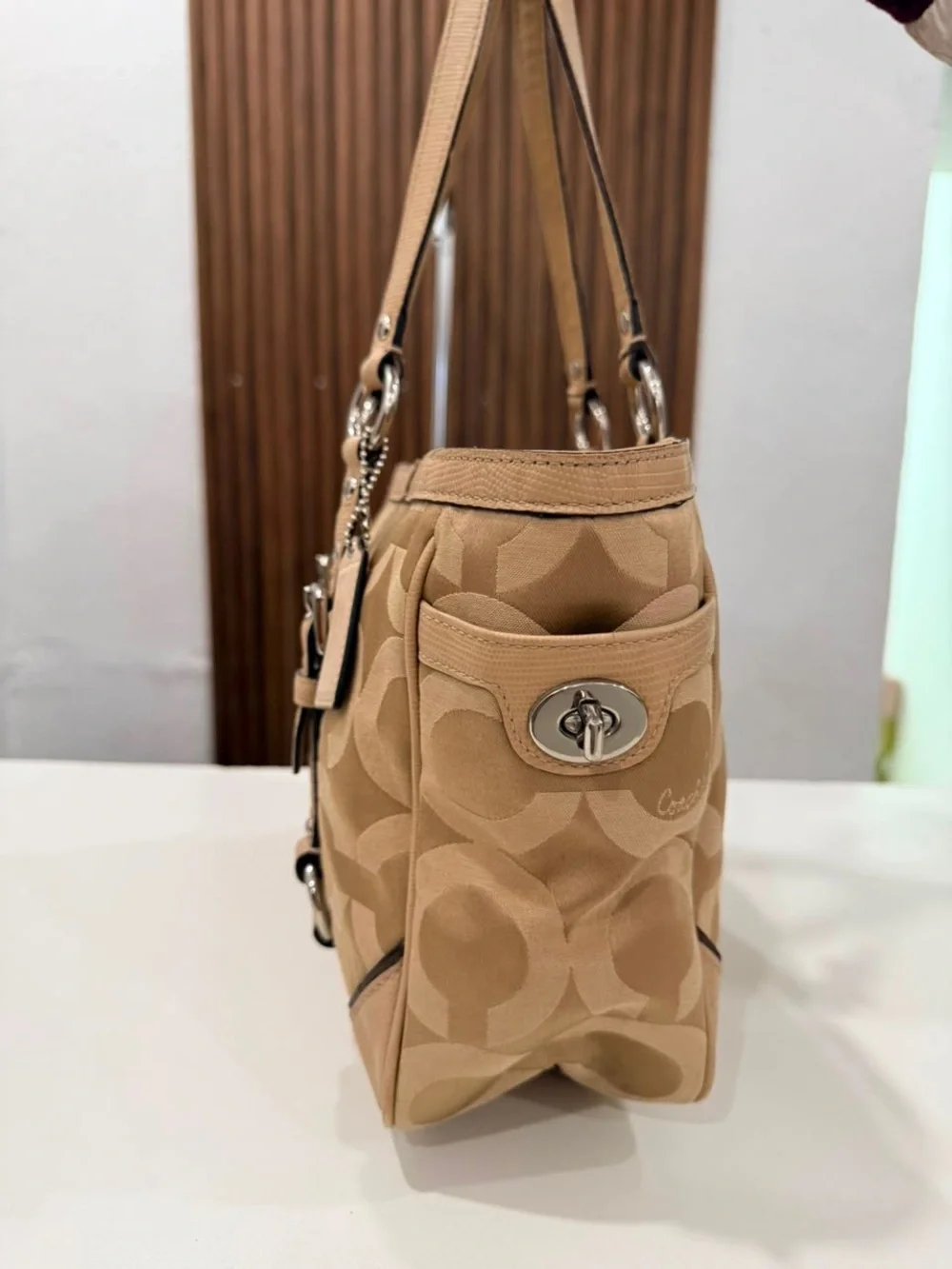 Coach Chelsea Y2K Canvas Leather OP Art Nuetral Tan Tote Shoulder Bag Purse